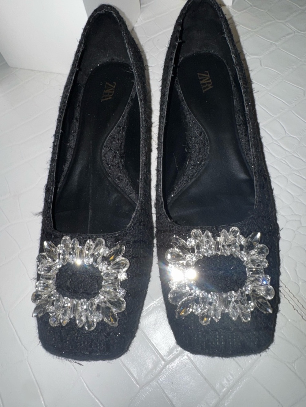 Zara Black Crystal-Embellished Square-Toe Flats